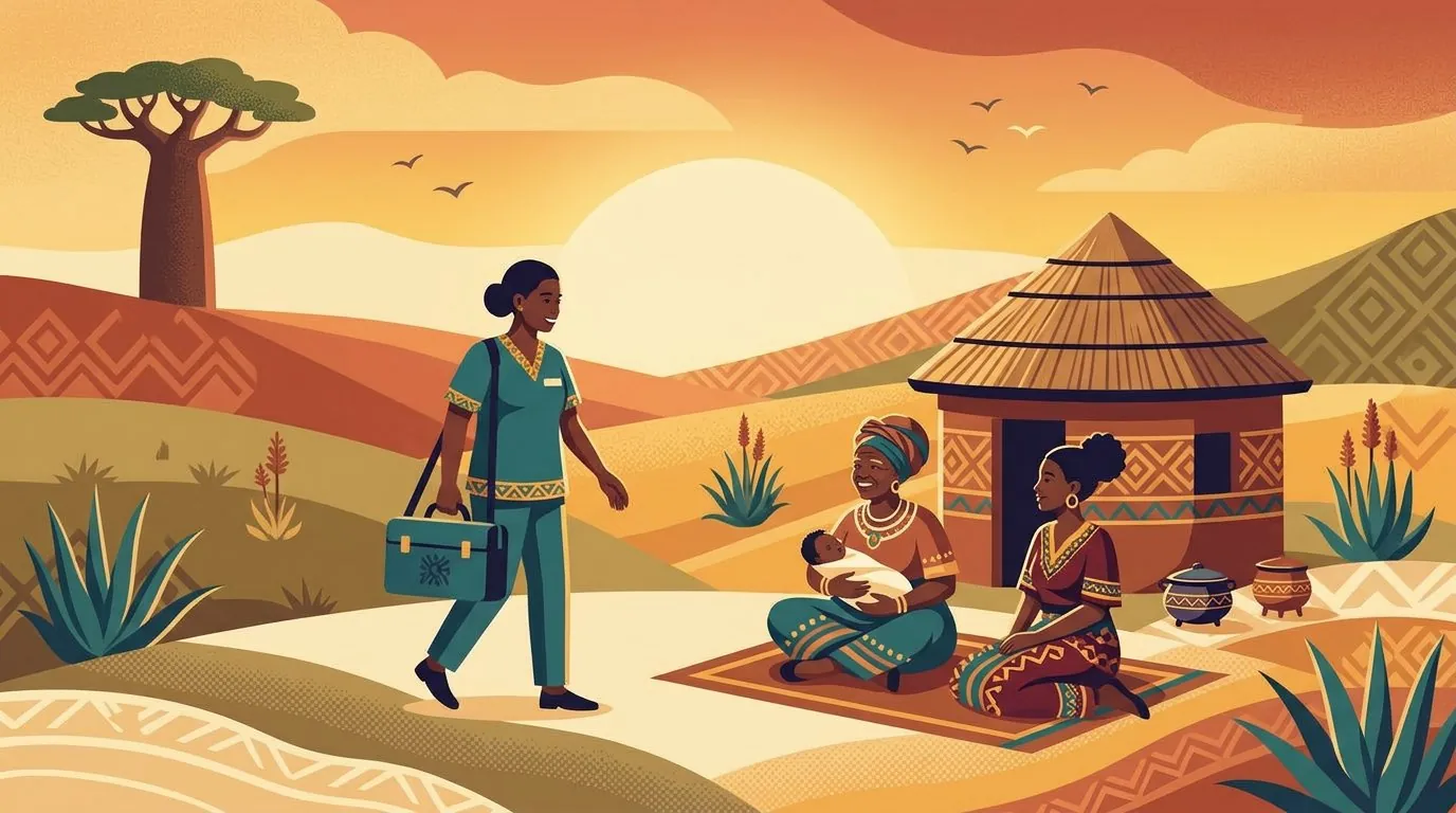 Illustration of a community health worker visiting a family outside their home at evening light