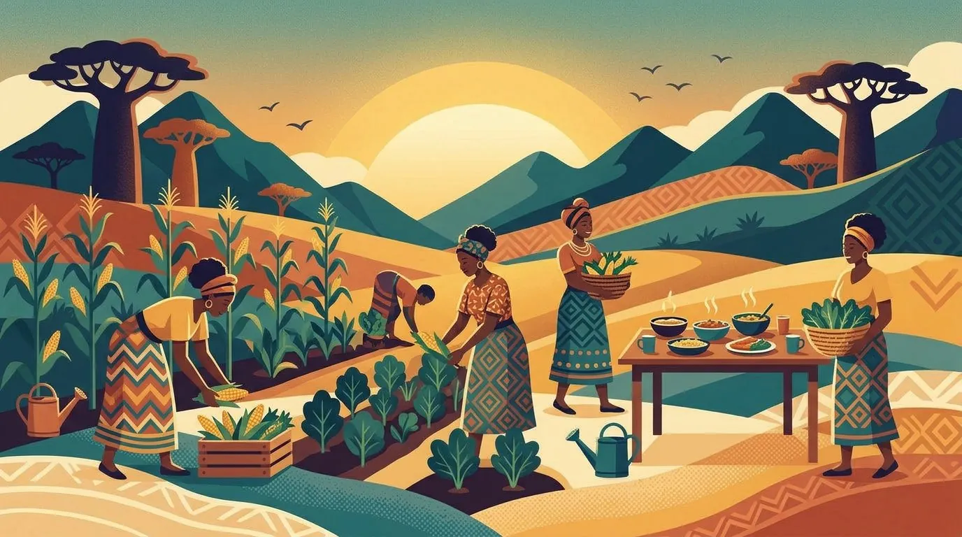Illustration of a community harvesting maize and greens in a shared garden at golden hour